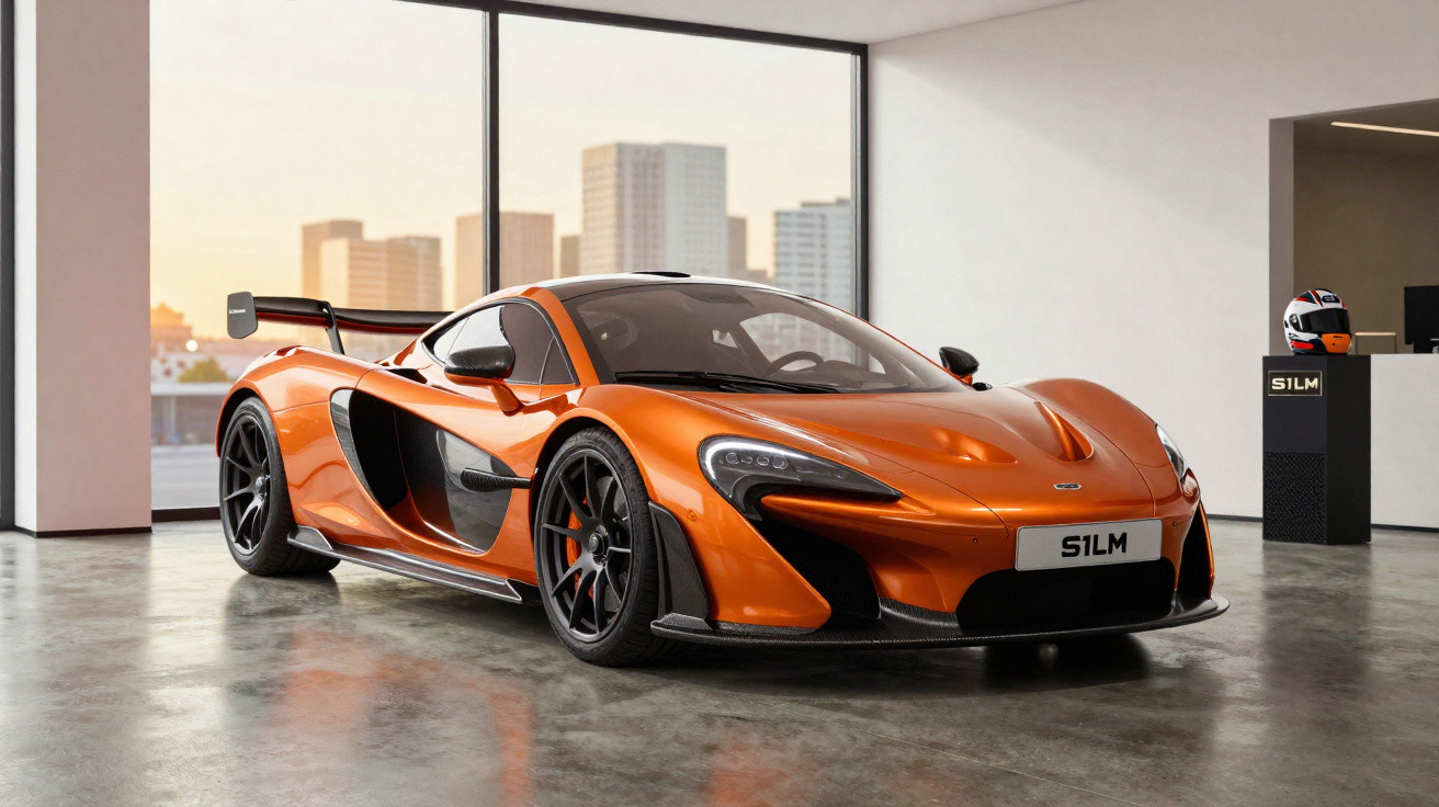 Oranger McLaren-Sportwagen in modernem Showroom mit großer Fensterfront und Stadtblick im Hintergrund.
