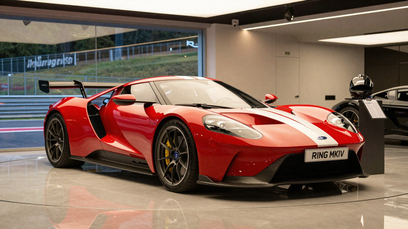 Roter Ford GT Rennwagen mit weißem Streifen im Ausstellungsraum vor Rennstrecke am Nürburgring.
