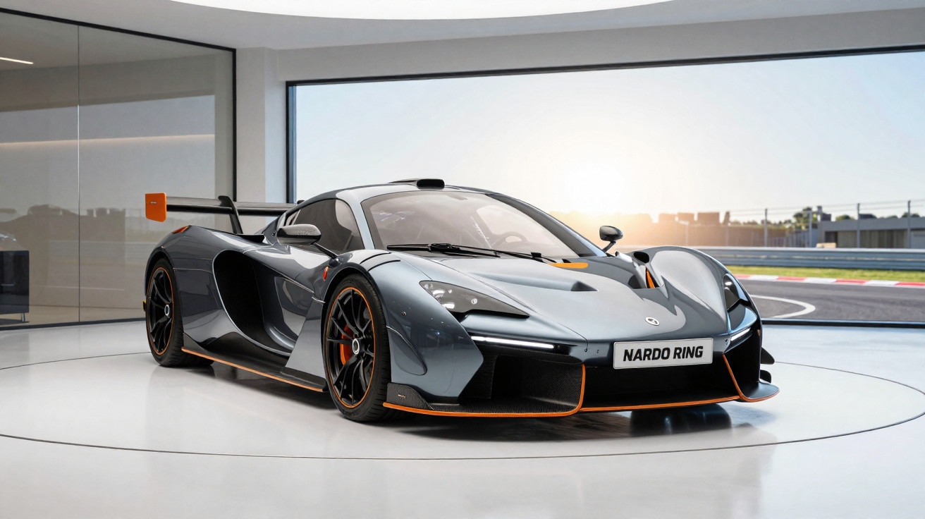 Sportwagen McLaren Senna in Grau mit orangen Akzenten auf einem Präsentationspodest vor einer Rennstrecke bei Sonnenuntergang