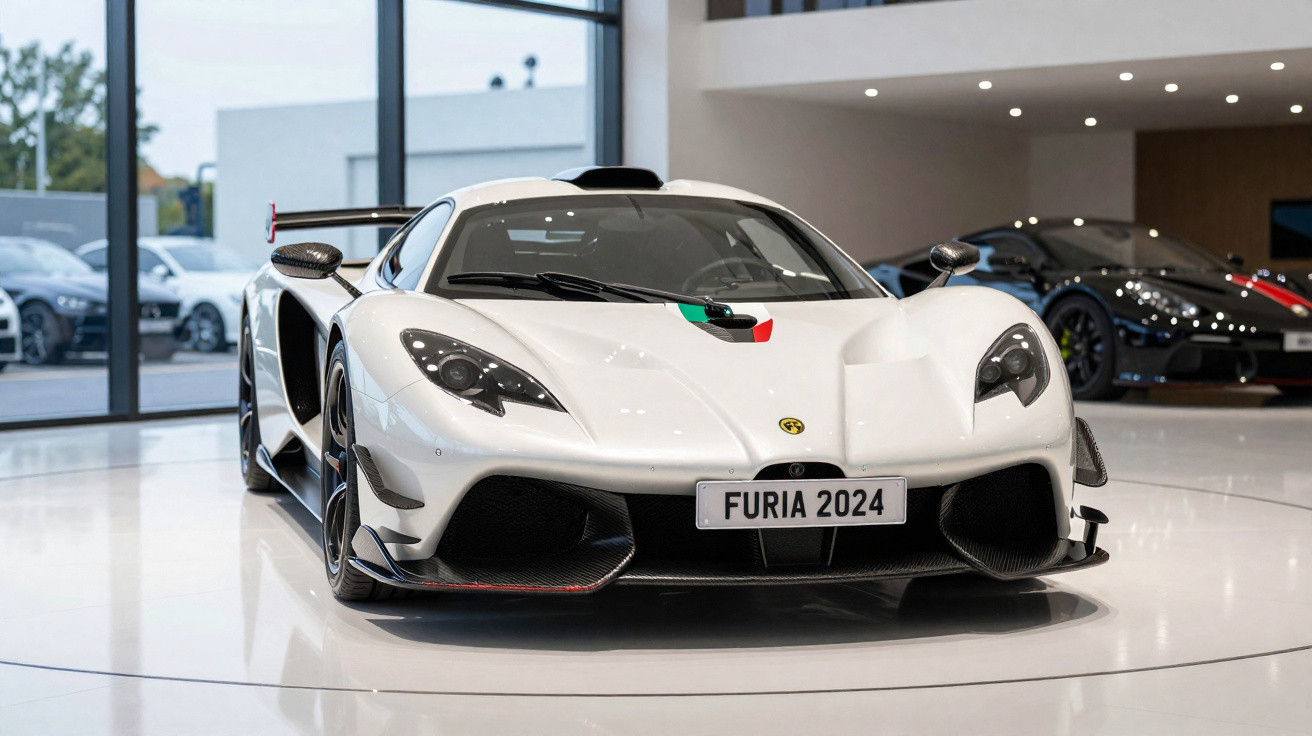 Weißer Furia Supersportwagen 2024 mit italienischer Flagge auf Motorhaube in moderner Ausstellungshalle