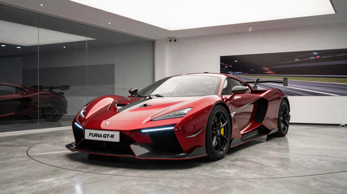 Roter Furia GT-R Supersportwagen in moderner Ausstellung mit Glaswand und Rennstreckenbild.