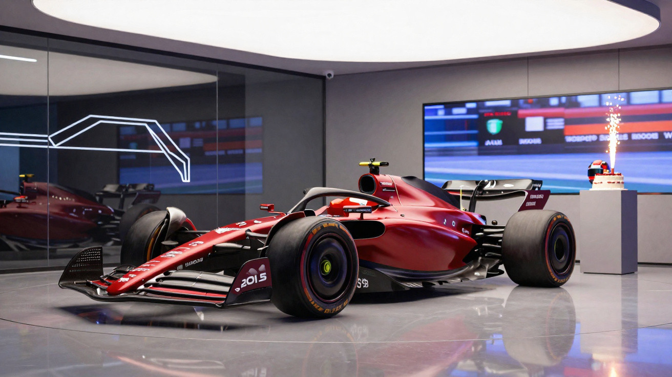 Roter Formel-1-Rennwagen in moderner Ausstellung mit Spiegelwand und digitaler Rennstreckenanzeige.