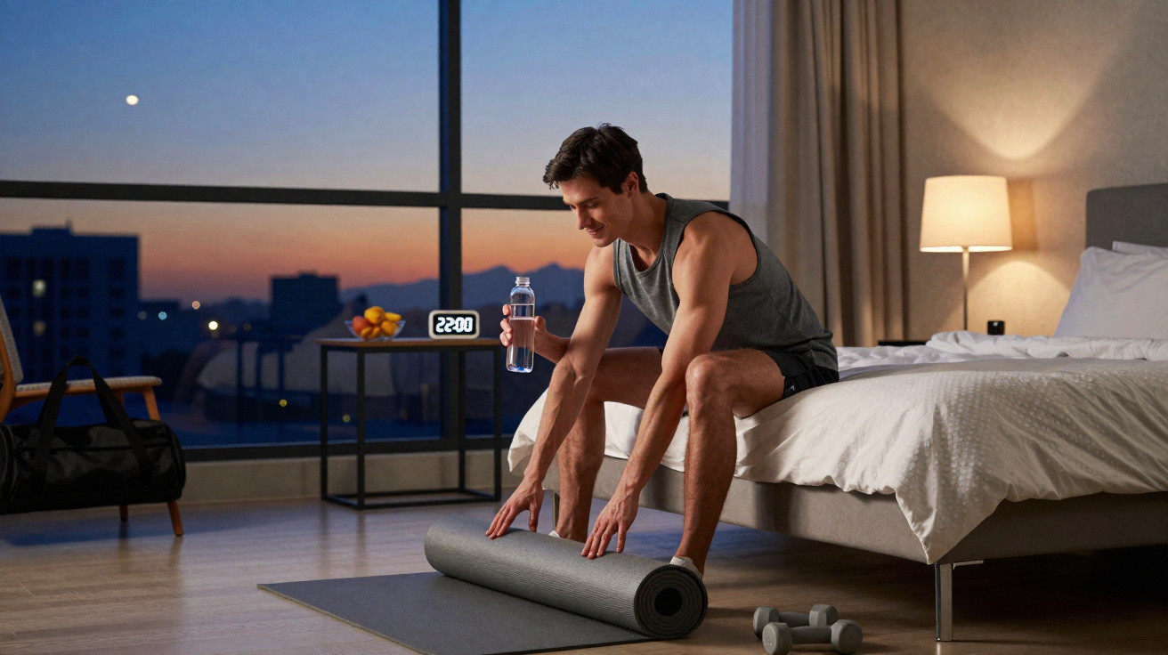 Mann rollt Yogamatte im Schlafzimmer am Abend aus, Uhr zeigt 22:00, er hält eine Wasserflasche.