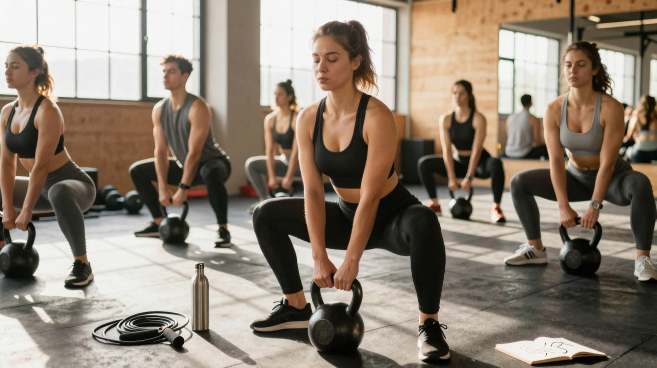 Gruppe junger Erwachsener trainiert mit Kettlebells in hellem Fitnessstudio bei Kniebeugen.
