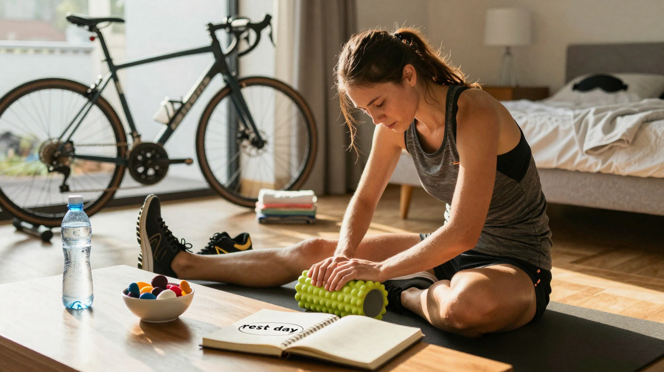 Frau rollt Muskelentspannung mit Faszienrolle auf Yogamatte in hellem Zimmer mit Fahrrad und Wasserflasche.