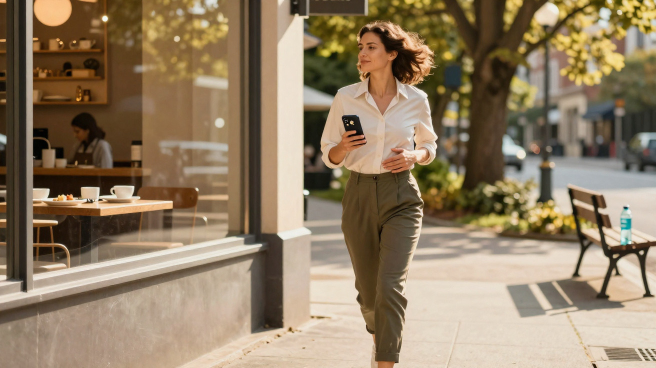 Frau mit Handy geht selbstbewusst auf sonnigem Gehweg an Café und Parkbank vorbei.
