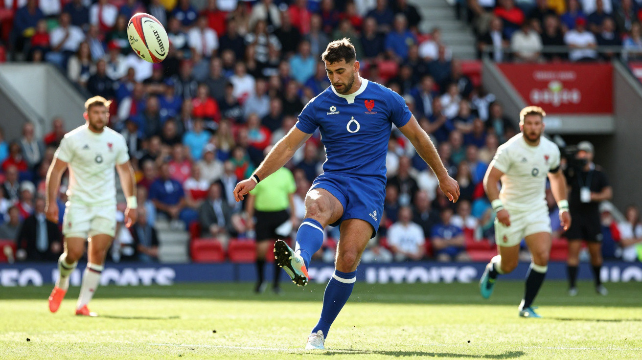 Rugbyspieler in blauem Trikot schießt Ball im Stadion, Gegner im weißen Trikot beobachten das Spiel.