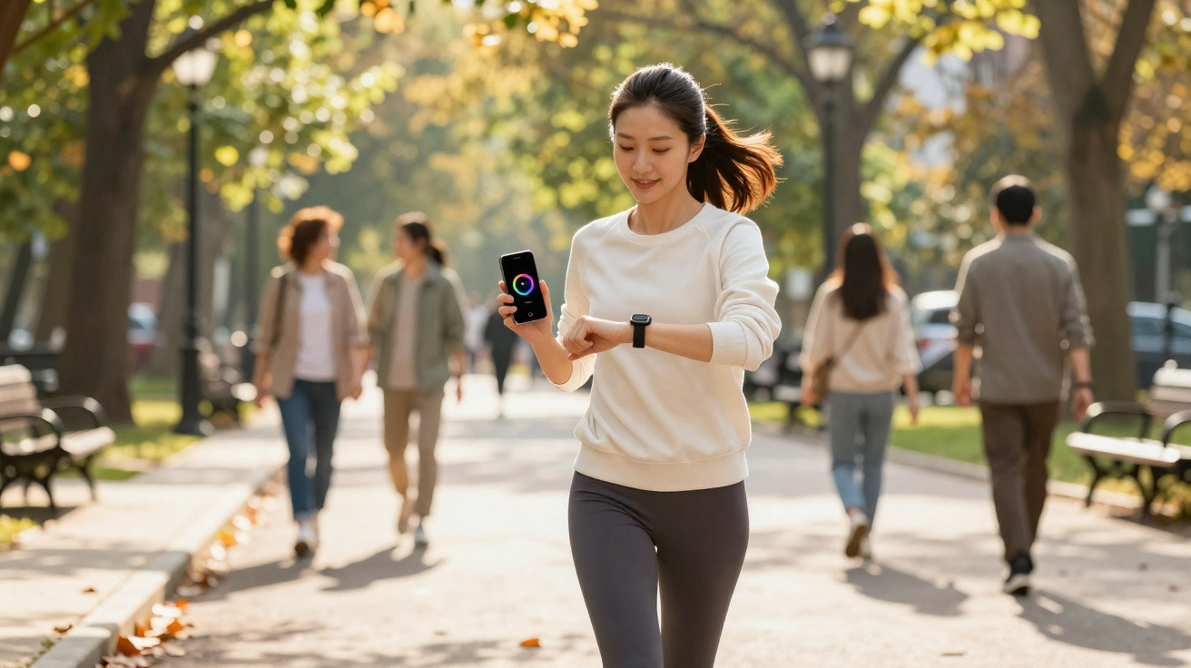 Frau joggt im Park, schaut auf Smartwatch und hält Smartphone mit Fitness-App in der Hand.
