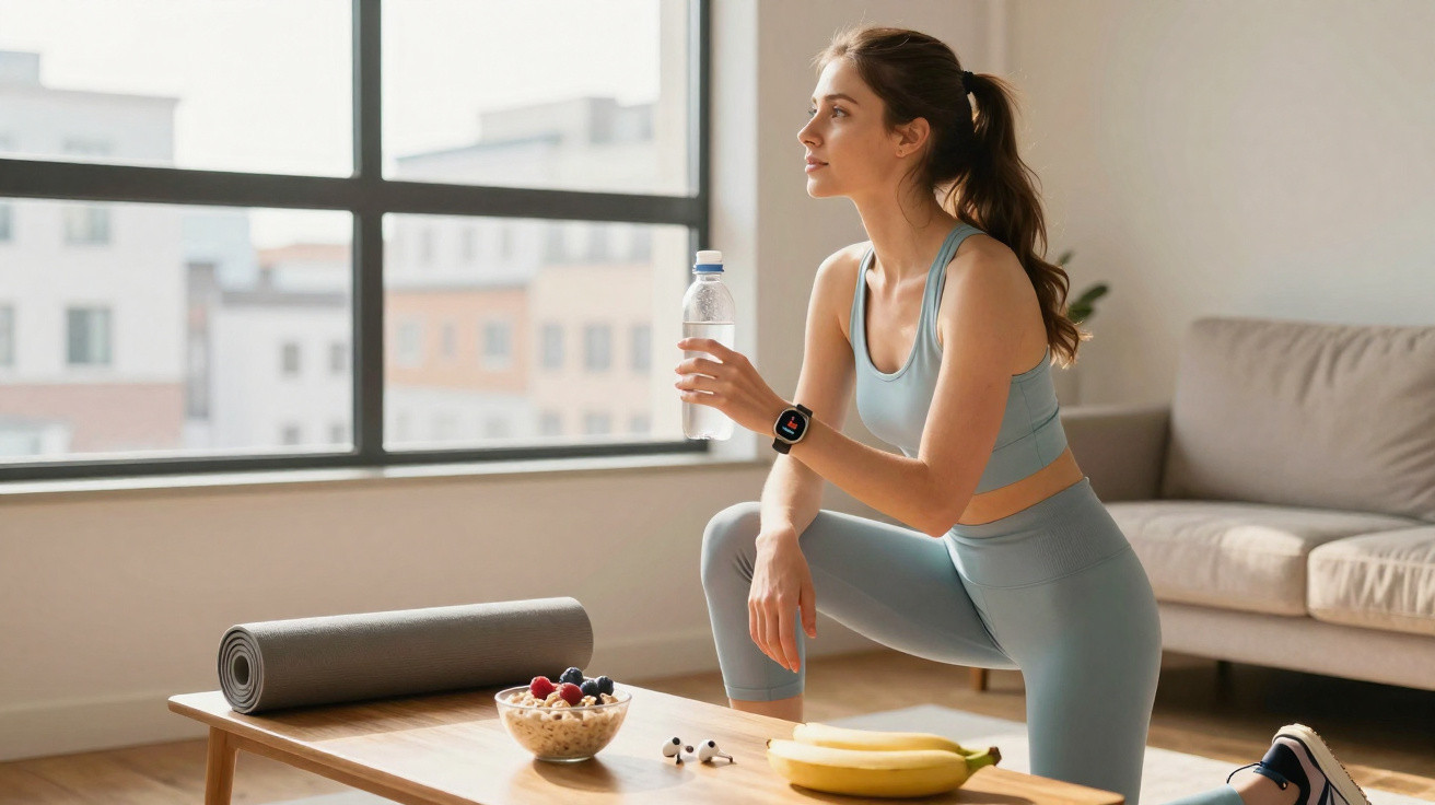 Frau in Sportkleidung macht Pause, hält Wasserflasche, vor Fenster, neben Tisch mit Obst, Müsli und Yogamatte.