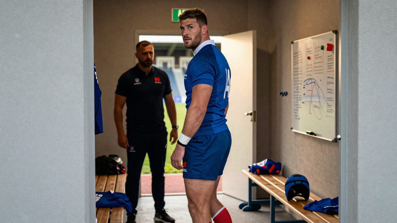 Rugbyspieler in blauer Sportswear im Umkleideraum mit Trainer im Hintergrund vor dem Ausgang zum Spielfeld.