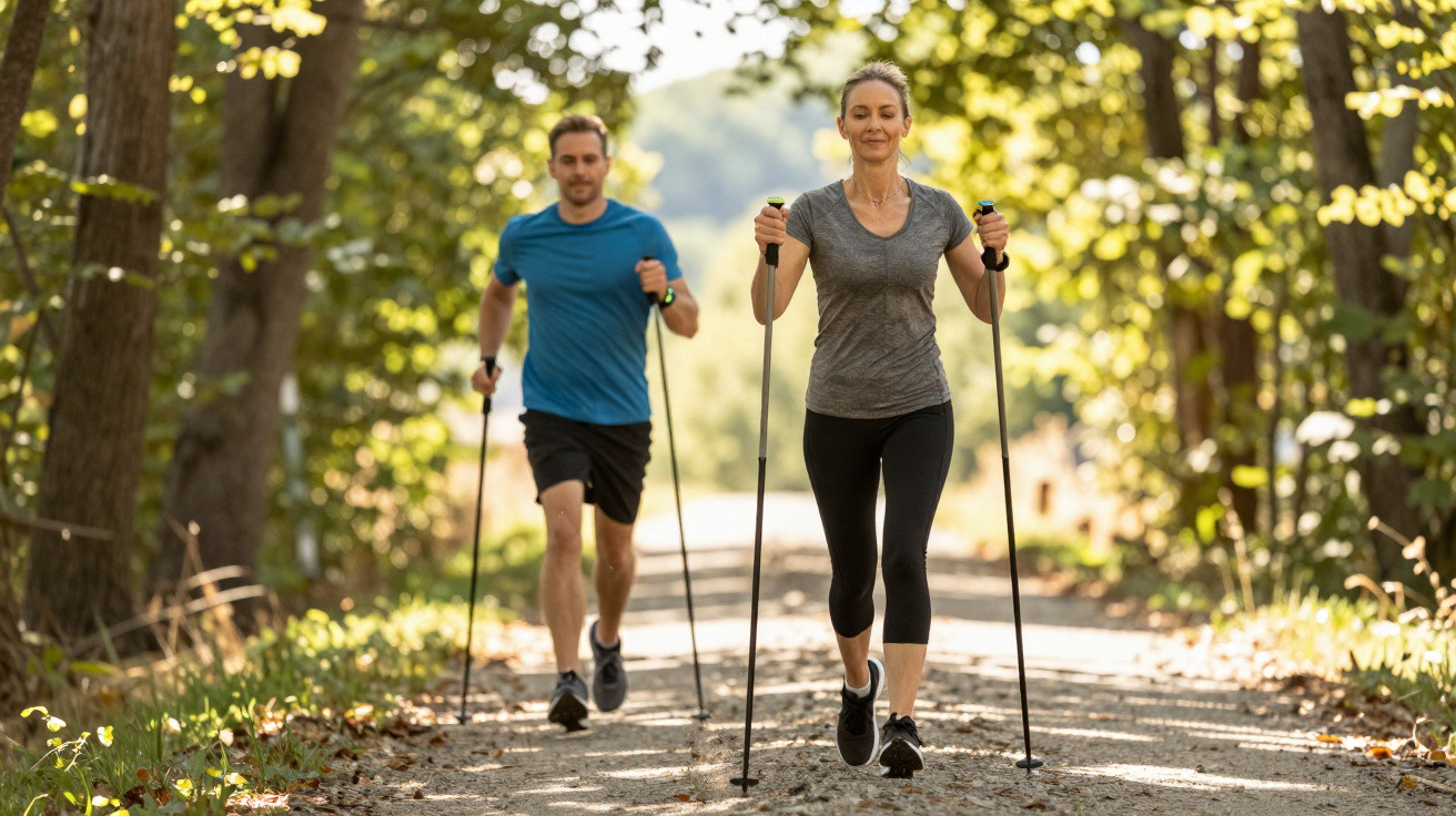 Frau und Mann beim Nordic Walking auf Waldweg an sonnigem Tag mit Stöcken in der Hand.