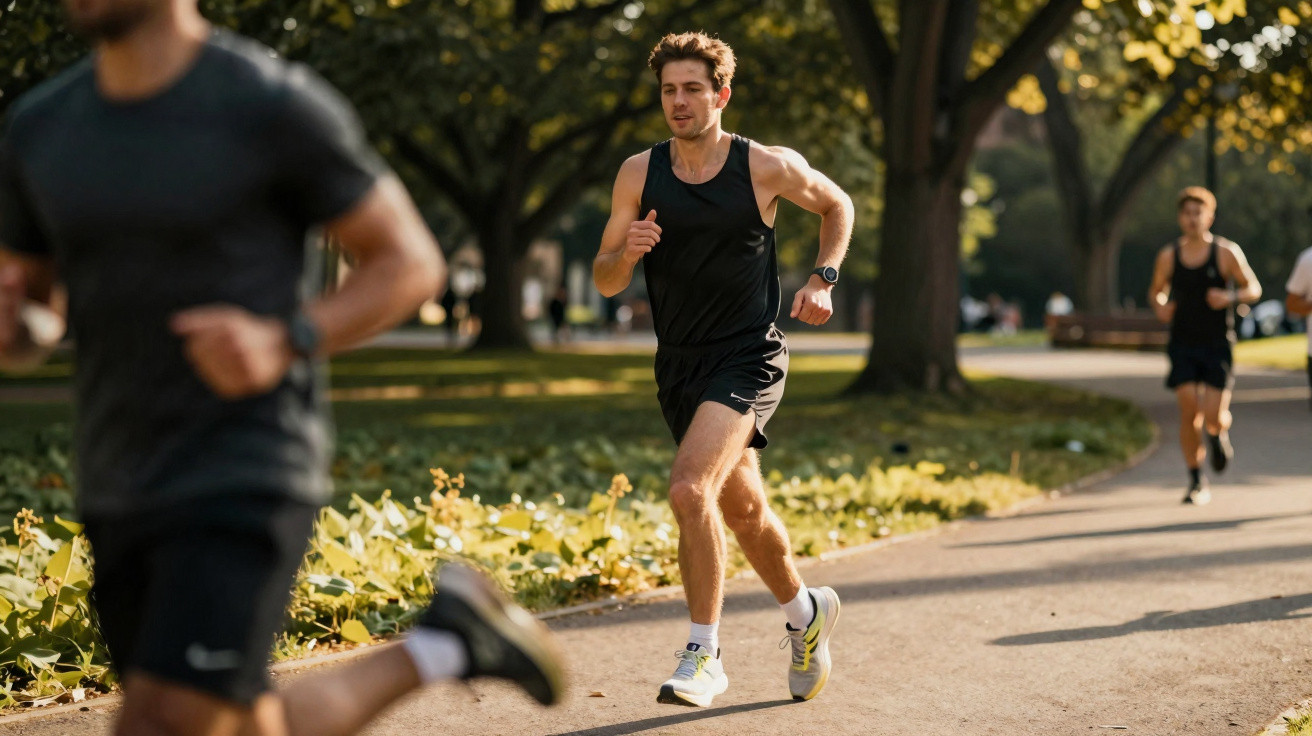 Mehrere Männer joggen bei sonnigem Wetter auf einem Parkweg mit Bäumen im Hintergrund.