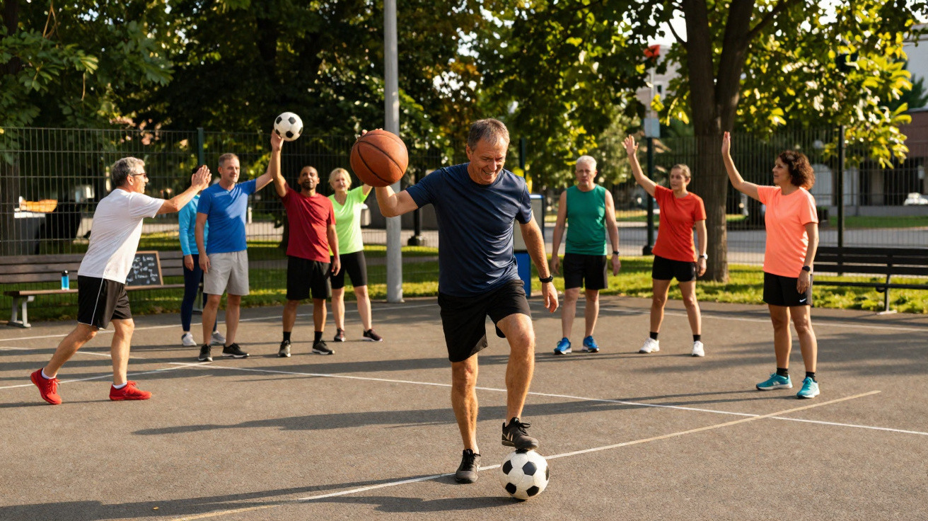 Gruppe älterer Menschen spielt Basketball und Fußball gemeinsam auf einem sonnigen Sportplatz im Freien.