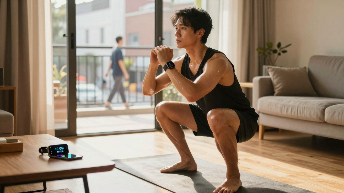 Mann in Sportbekleidung macht Kniebeugen auf Yogamatte im Wohnzimmer vor großem Fenster.