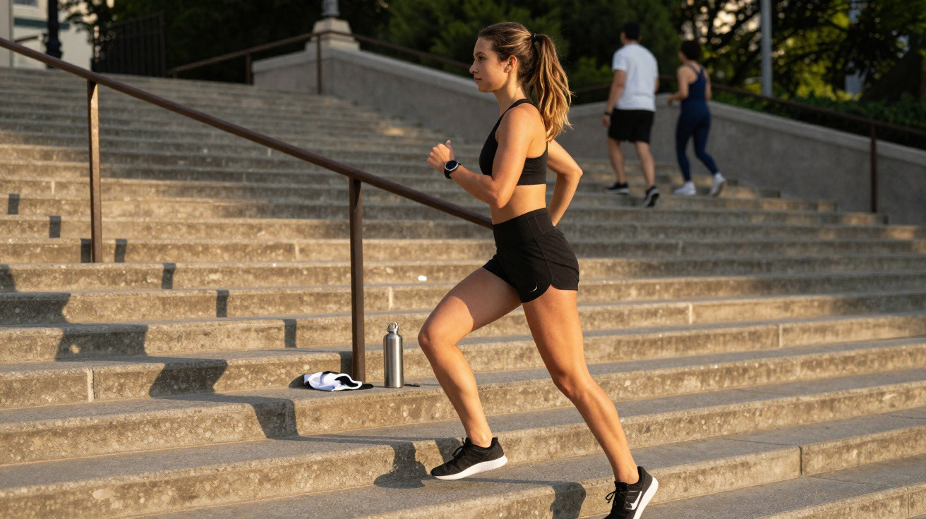 Frau joggt sportlich die Treppen hoch, im Hintergrund zwei weitere Personen beim Training.