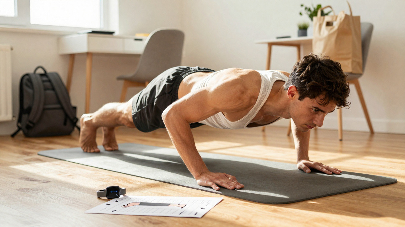 Junger Mann macht Liegestütze auf Fitnessmatte in hellem Wohnzimmer mit Smartwatch und Trainingsplan.