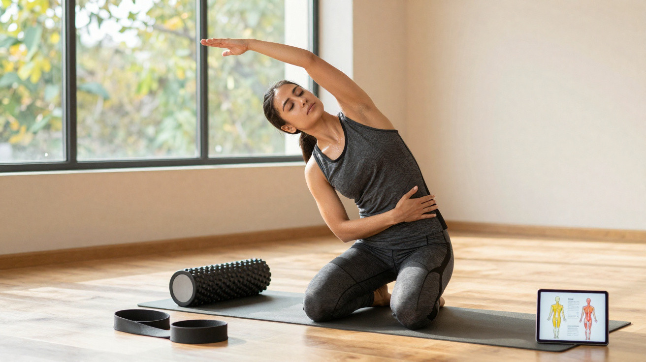 Frau in grauer Sportkleidung macht Dehnübung auf Yogamatte neben Faszienrolle und Tablet mit Muskelgrafik.