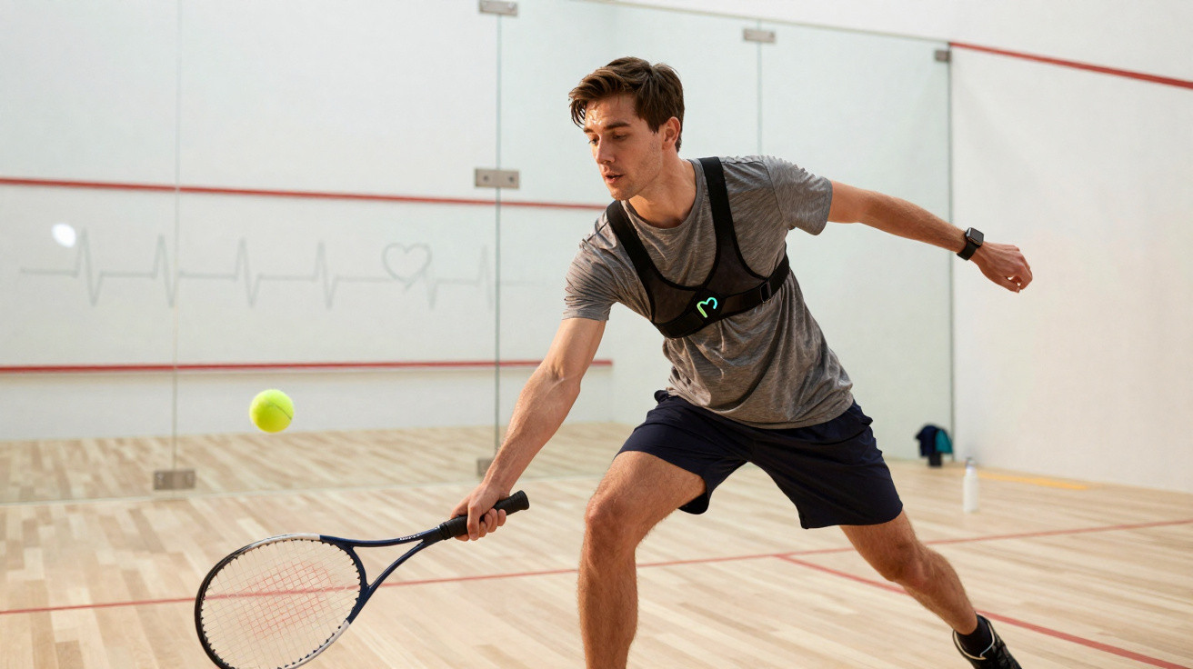 Junger Mann spielt Squash in Sportkleidung mit Herzfrequenz-Brustgurt auf einem Squash-Court.