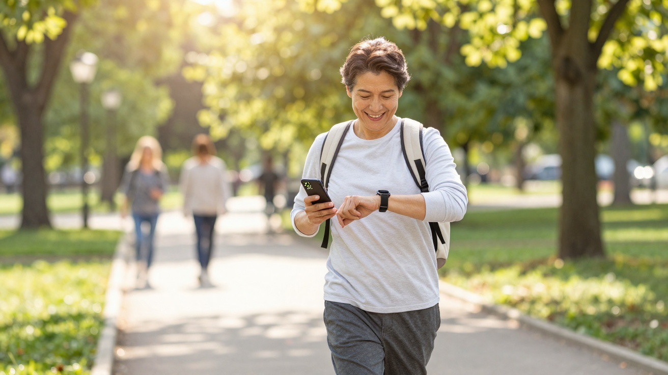 Frau joggt im Park, schaut lächelnd auf ihre Smartwatch, sonniger Tag, grüne Bäume im Hintergrund.
