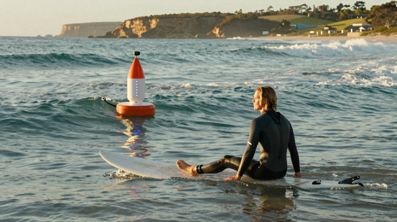 Surfer im Neoprenanzug sitzt auf Surfbrett im Wasser und blickt auf rote Boje bei Küste im Hintergrund.