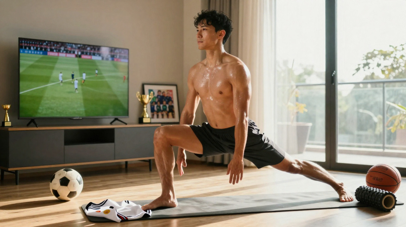 Mann dehnt sich auf Matte im Wohnzimmer, umgeben von Fußball, Basketball und Pokalen, vor TV mit Fußballspiel.