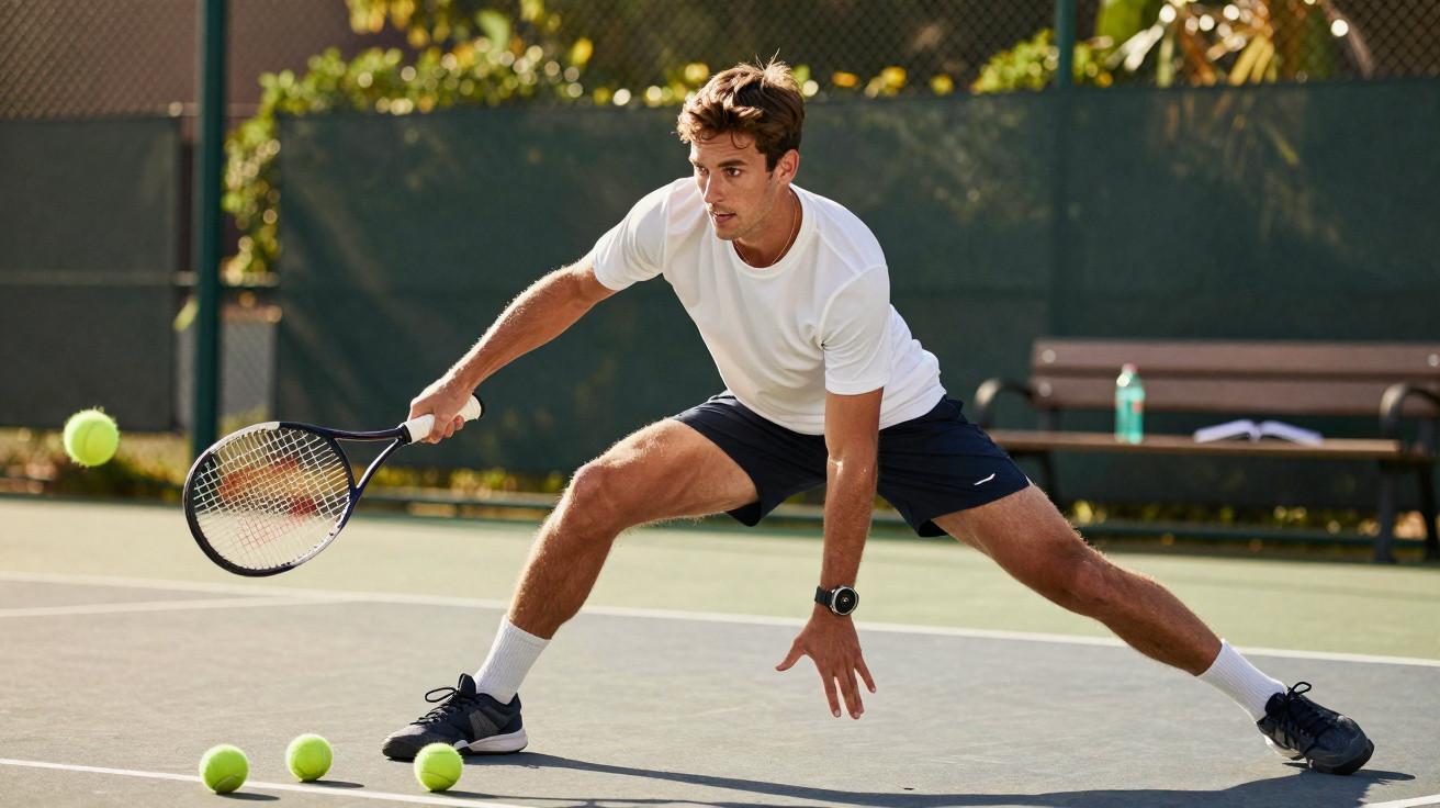 Junger Mann in Sportkleidung beim Tennis, der sich gestreckt zum Ball bückt auf einem Freiplatz.