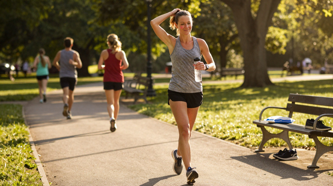 Frau joggt im Park, hält Wasserflasche, andere Läufer im Hintergrund, sonniger Tag, Bänke am Wegesrand.