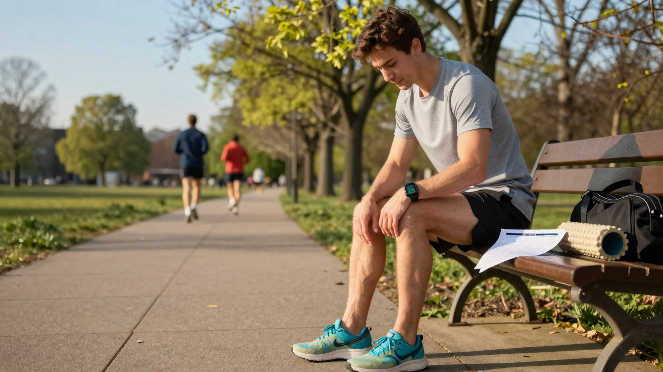 Mann in Sportkleidung sitzt auf Parkbank, erholt sich nach Jogging, daneben Trainingsplan und Yogamatte.