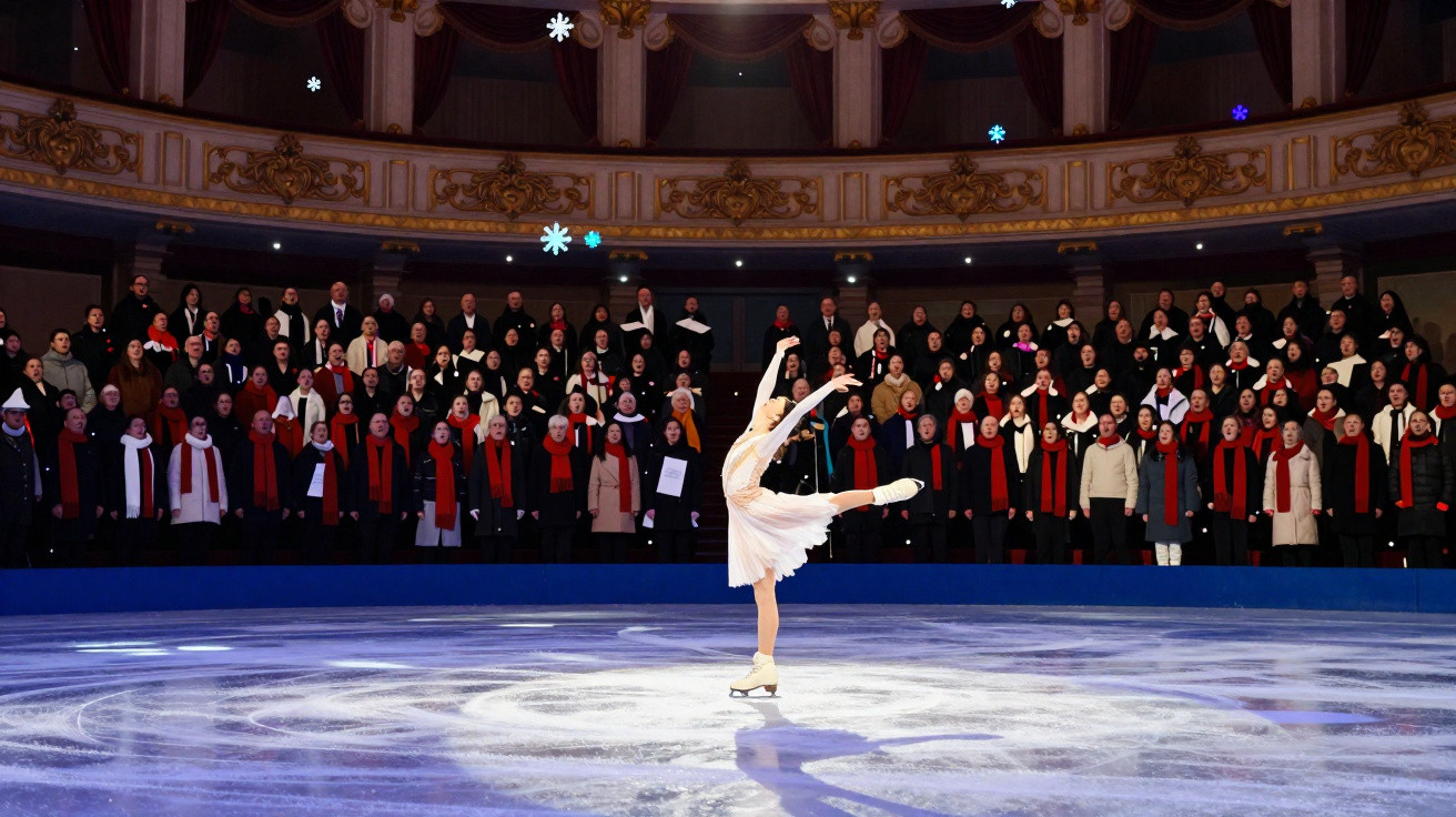 Eiskunstläuferin in weißem Kleid dreht sich auf Eis vor großem Chor in elegantem Theater mit Schneeflockendeko.
