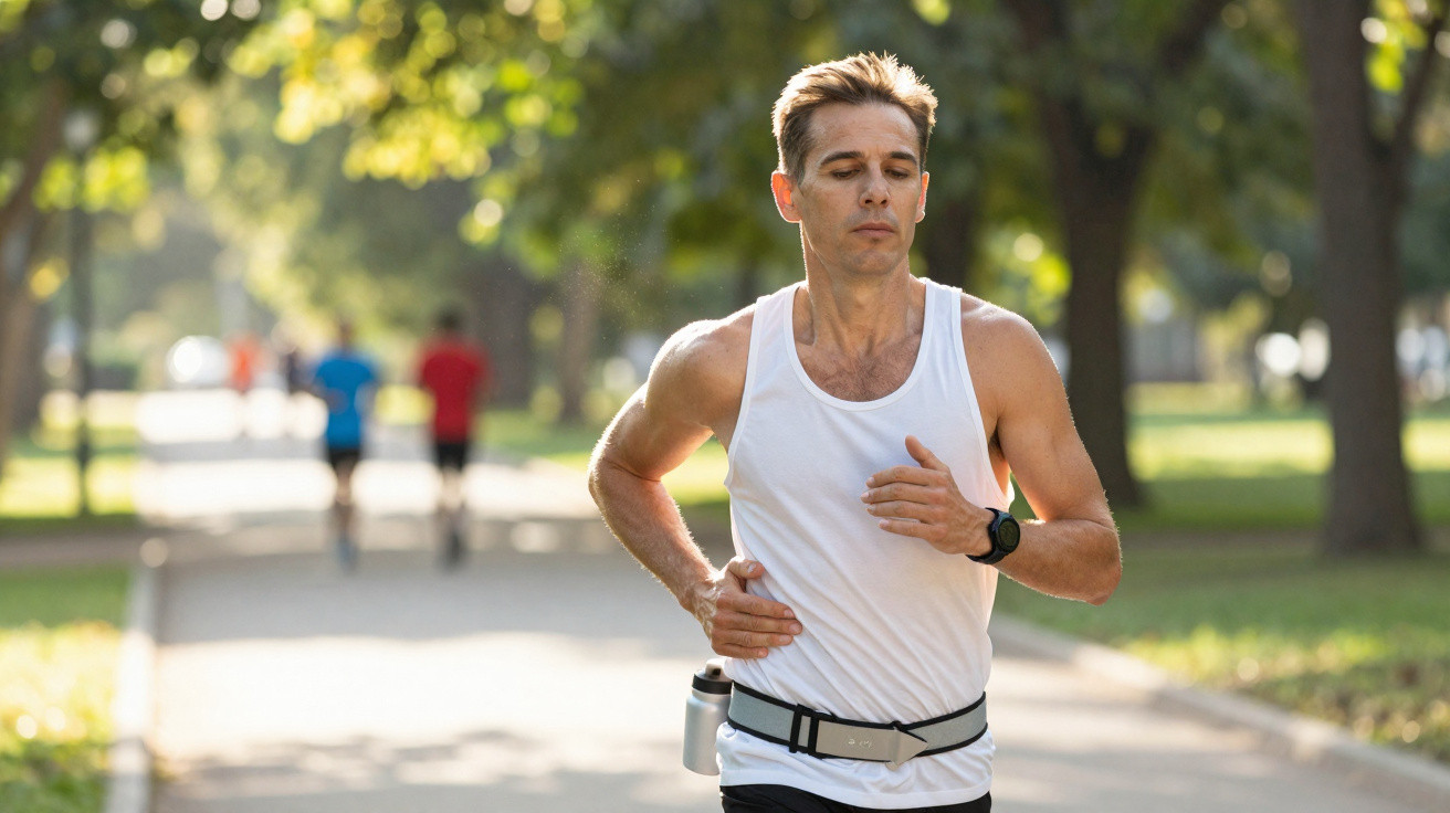 Mann joggt im Park an sonnigem Tag, trägt weißes Tanktop und Fitnessuhr, Bäume im Hintergrund.