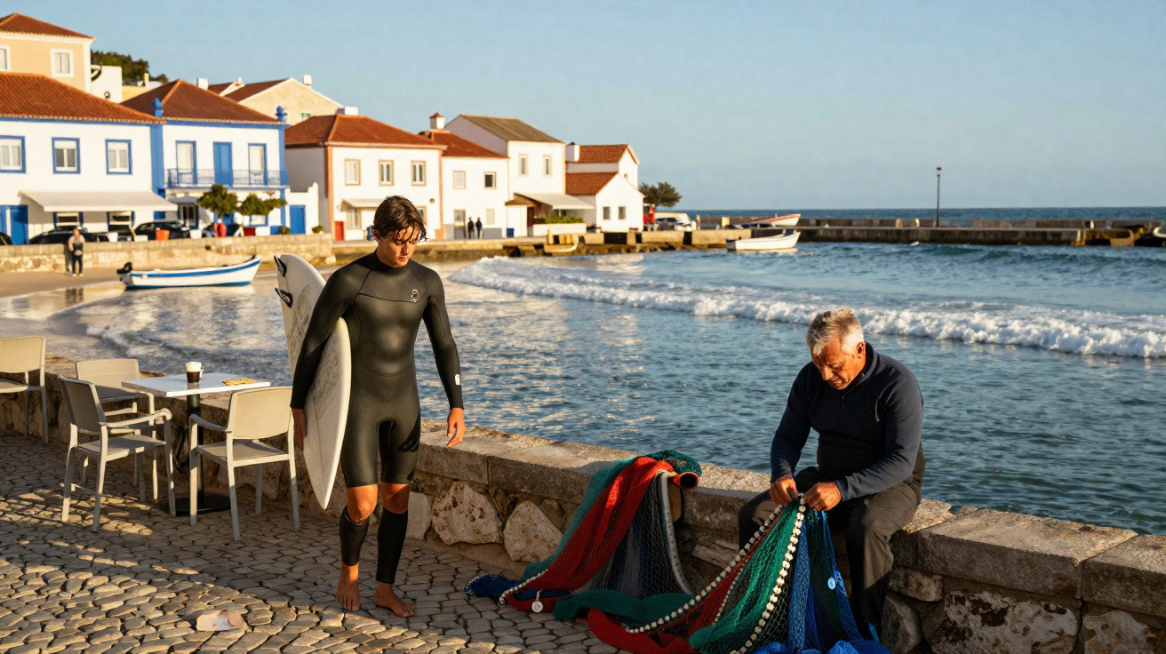 Junger Surfer mit Neoprenanzug und Surfbrett schaut älteren Mann beim Reparieren von Fischernetz am Hafen zu.