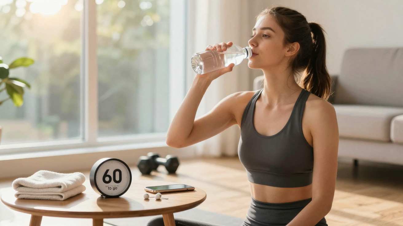 Junge Frau in Sportkleidung trinkt Wasser nach dem Training in hellem Wohnzimmer.