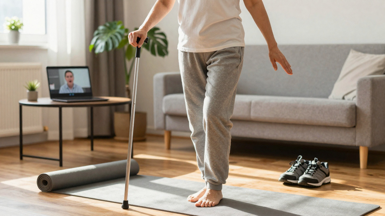 Person steht barfuß auf Yogamatte und hält Gehstock, Laptop mit Online-Kurs im Wohnzimmer im Hintergrund.