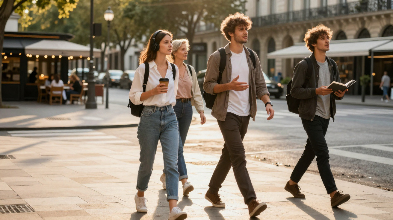 Junge Menschen gehen zusammen über eine sonnige Straße in der Stadt, einer trägt Kopfhörer, ein anderer liest.