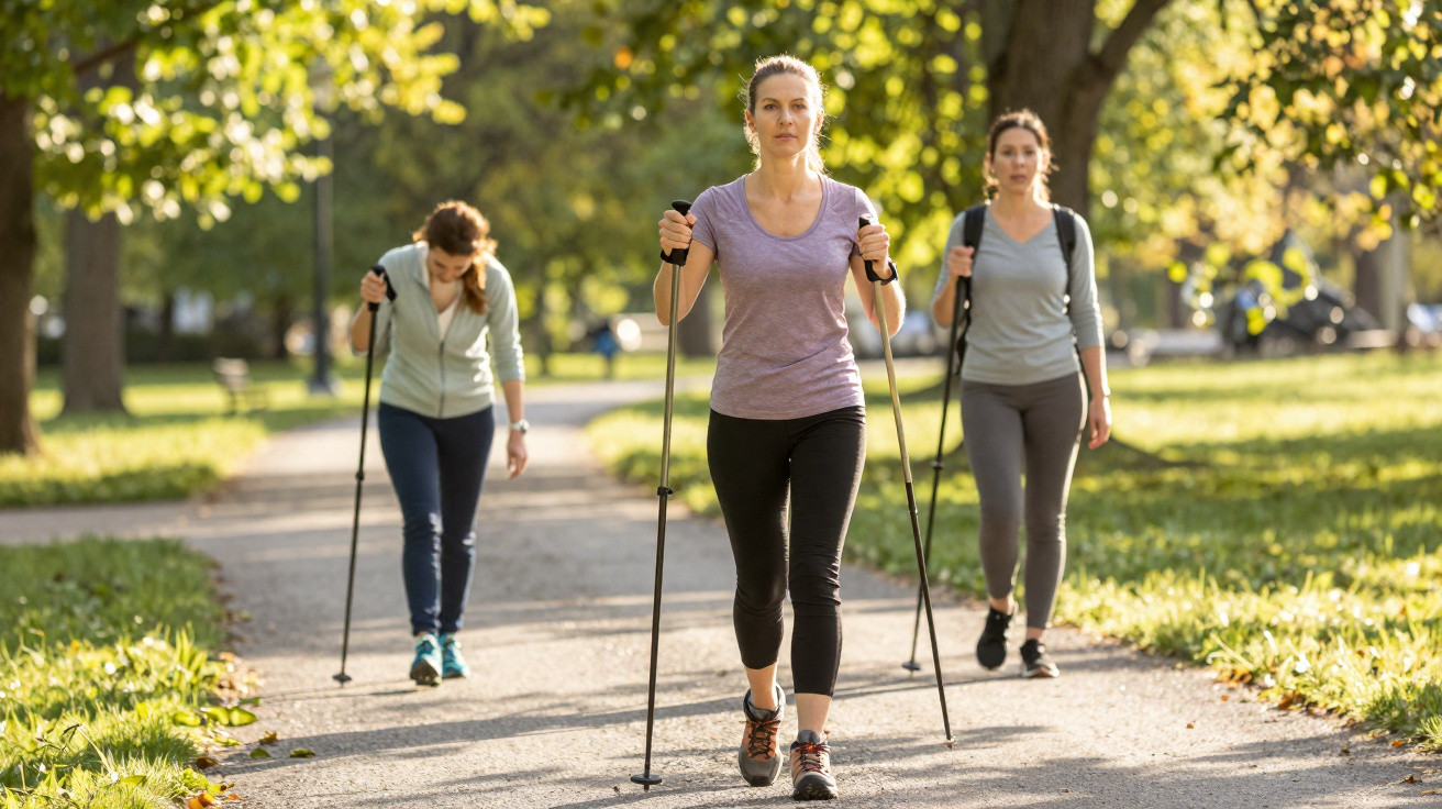 Drei Frauen beim Nordic Walking auf einem sonnigen Parkweg, umgeben von grünen Bäumen.