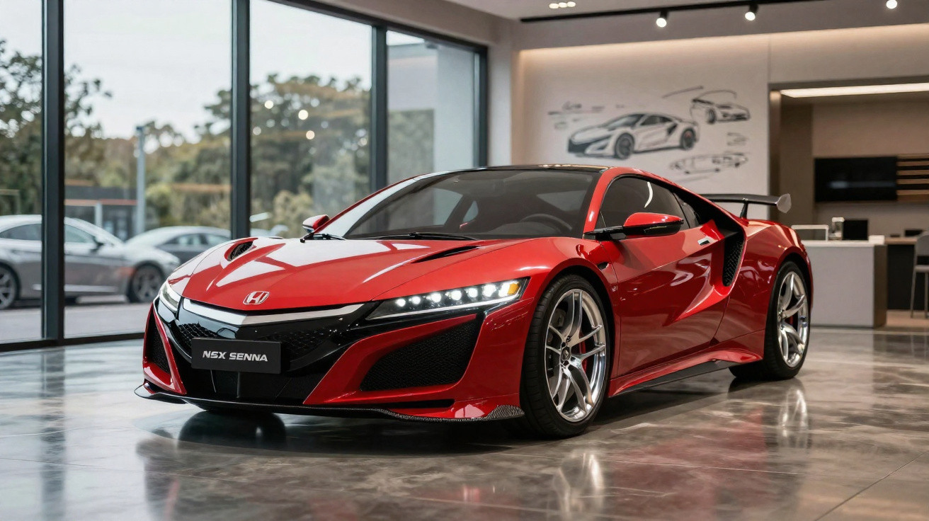 Roter Honda NSX Senna Sportwagen in einem modernen Showroom mit glänzendem Boden und großen Fenstern.