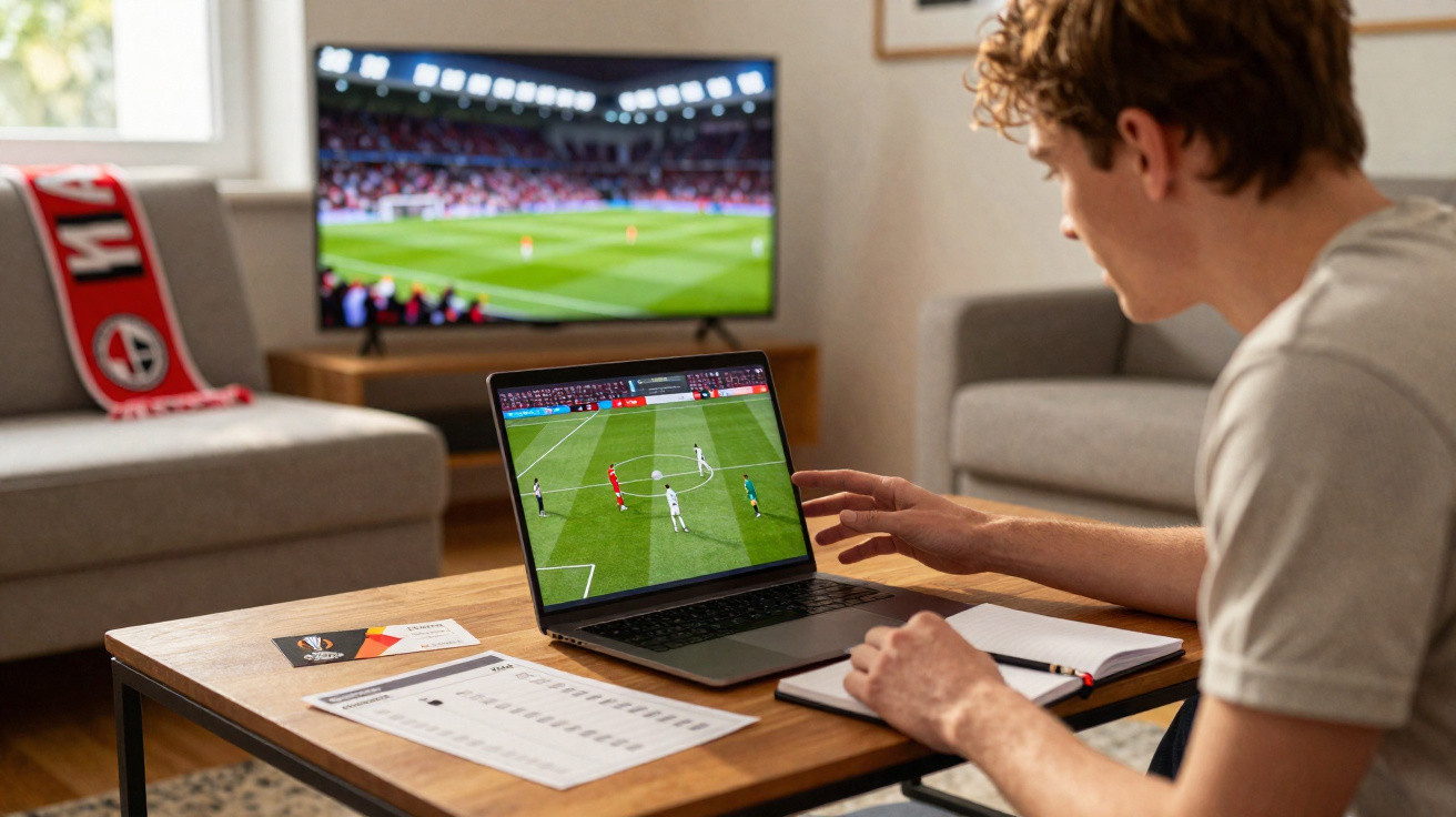 Junger Mann analysiert Fußballspiel auf Laptop, im Hintergrund läuft dasselbe Spiel im Fernsehen.
