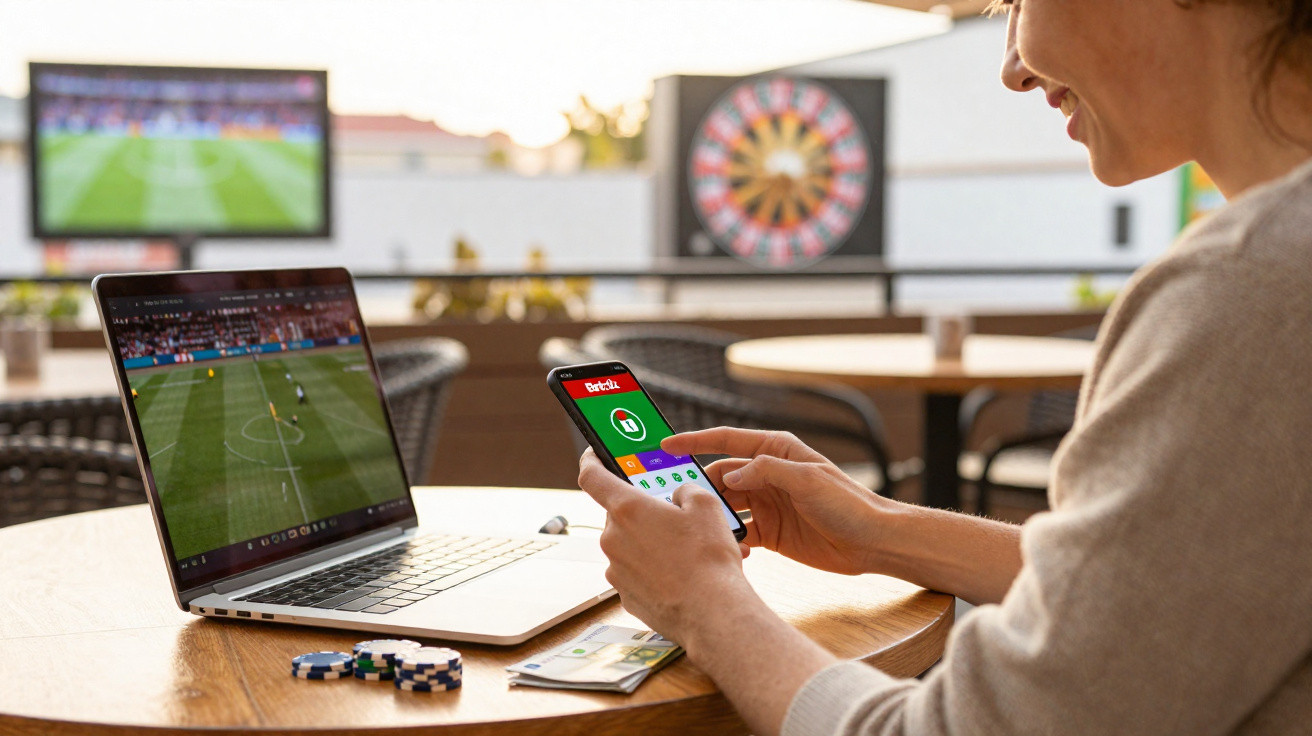 Frau nutzt Sportwetten-App auf Smartphone, Laptop zeigt Fußballspiel, Pokerchips auf Tisch im Café.