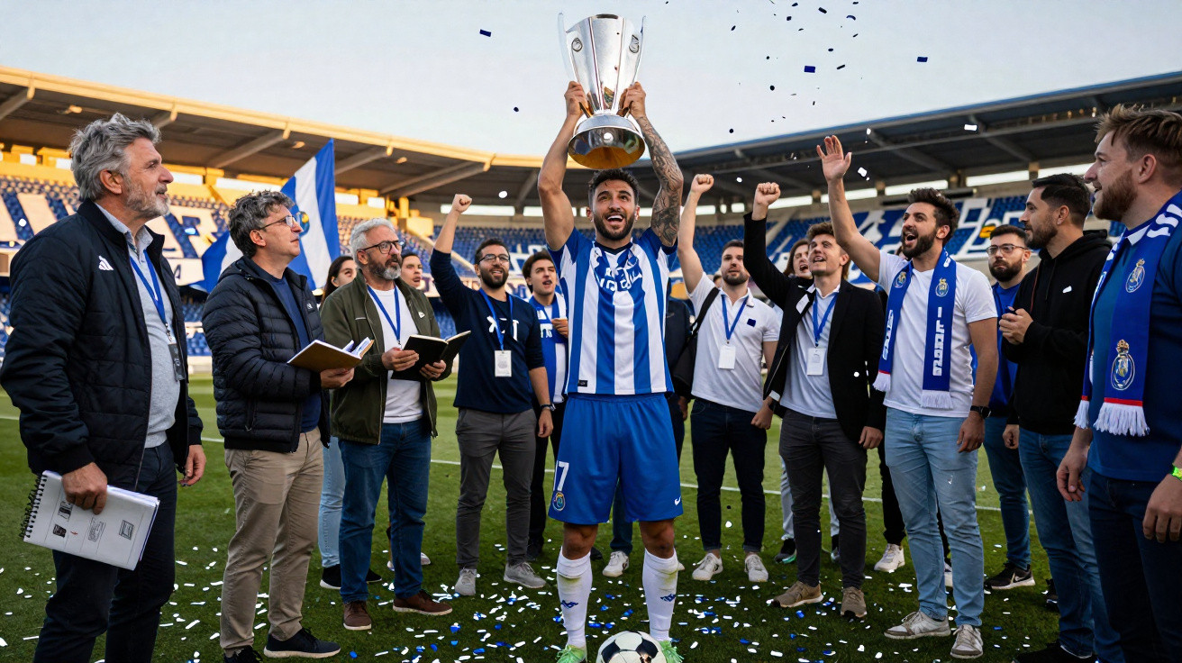 Fußballspieler hebt Pokal im Stadion, Teammitglieder jubeln und werfen Konfetti.