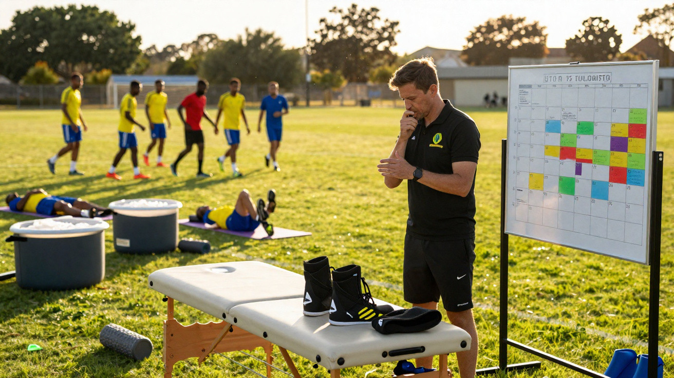 Trainer plant Fußballtraining im Freien, Spieler in gelben Trikots wärmen sich hinter ihm auf, Sportfeld im Sonnenlicht.