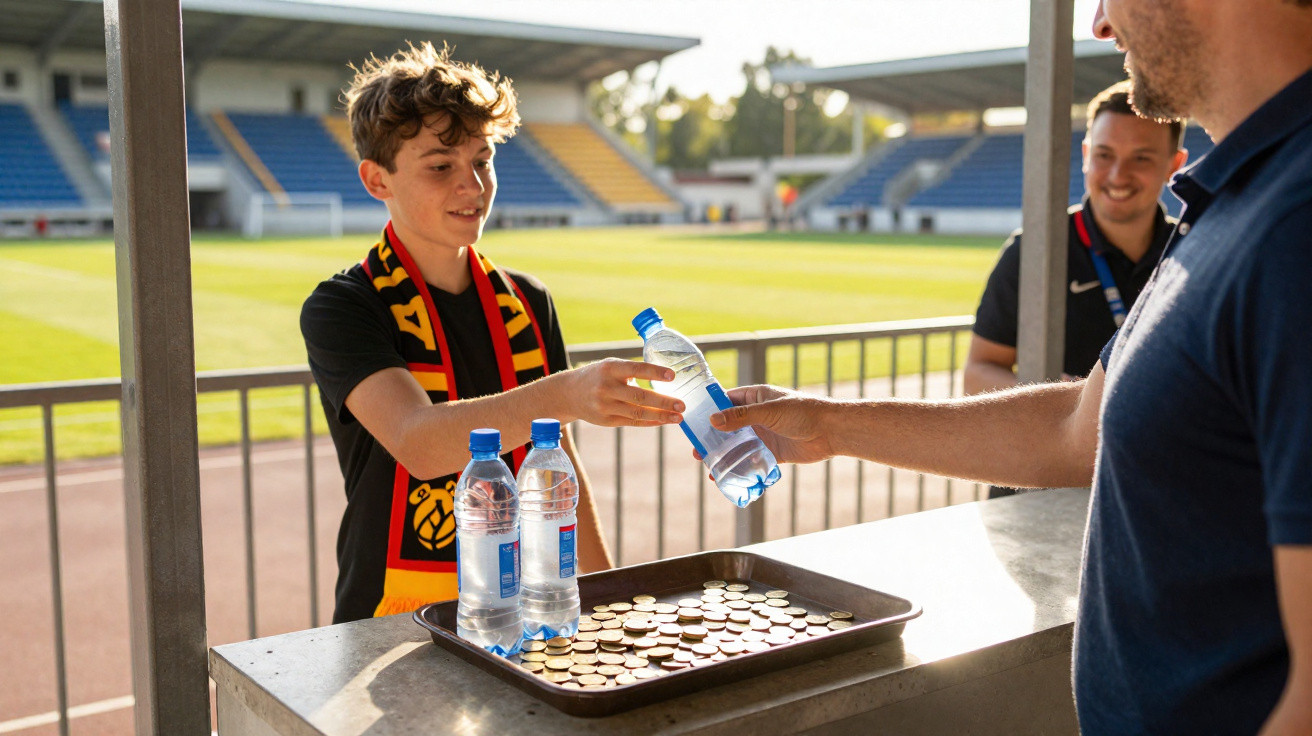 Jugendlicher im Fußballstadion erhält Flasche Wasser von Mann an Kasse mit vielen Münzen auf Tablett.