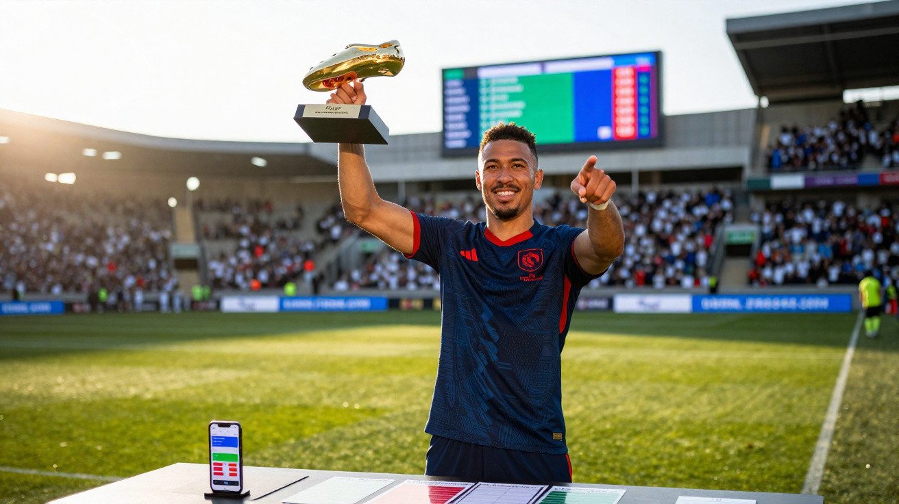 Fußballspieler hält goldenen Schuhtrophäe im Stadion vor jubelndem Publikum hoch.