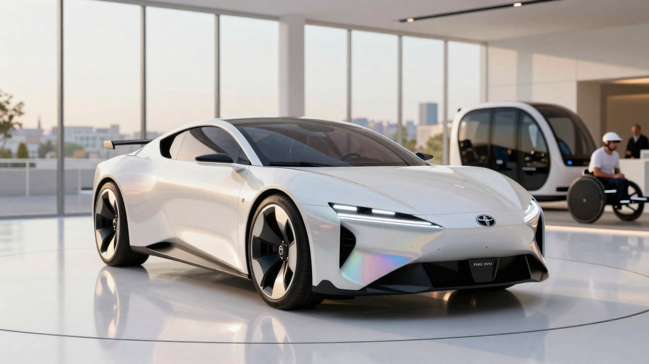 Weißer sportlicher Toyota Elektroauto-Prototyp in modernem, hellem Ausstellungsraum auf rundem Podest.