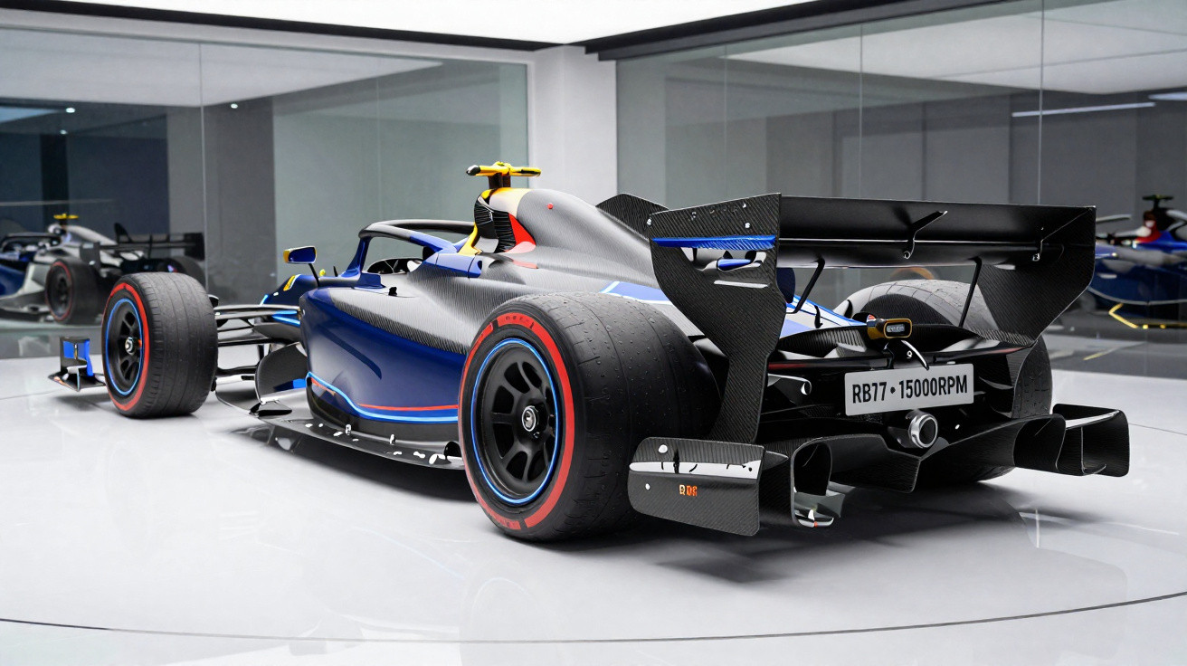 Blauer Formel-1-Rennwagen mit rotem Reifenprofil im modernen Ausstellungsraum mit Spiegelwänden.