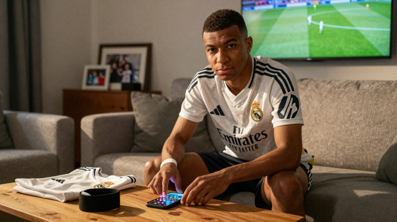 Junger Mann in Real Madrid Trikot sitzt auf Sofa und bedient Smartphone vor Fernseher mit Fußballspiel.