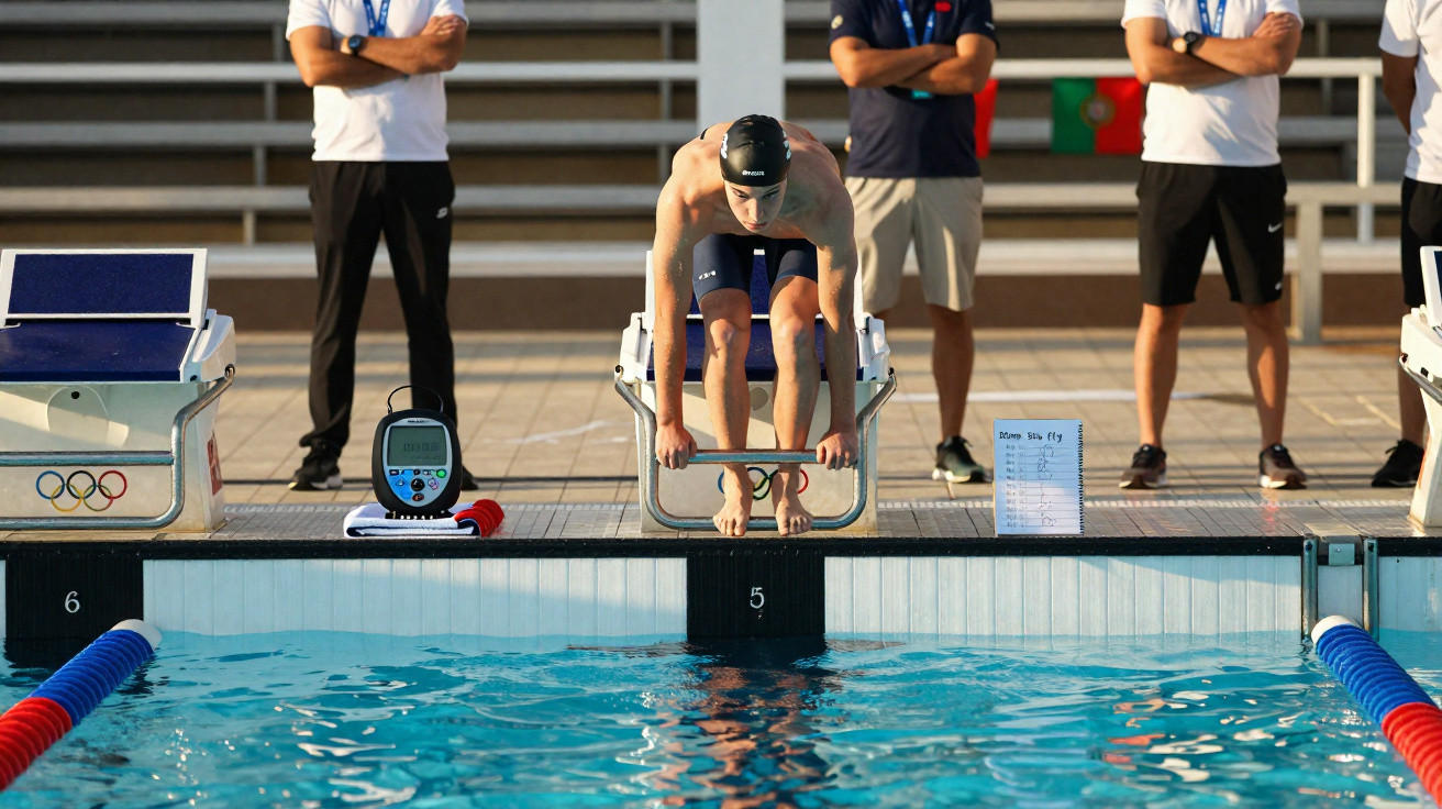 Schwimmer in Startposition auf Startblock vor Wettkampfschwimmbecken, drei Personen im Hintergrund.