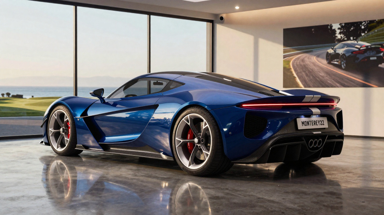 Blauer Sportwagen in modernem Showroom mit Panoramafenstern und Meerblick im Hintergrund.