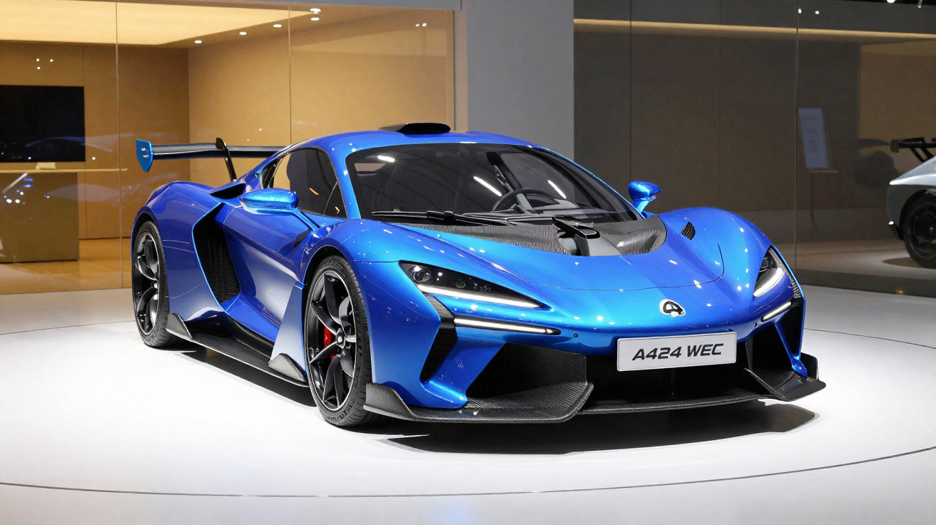 Blauer McLaren A424 WEC Sportwagen auf einer weißen Ausstellungsfläche in einem modernen Showroom.
