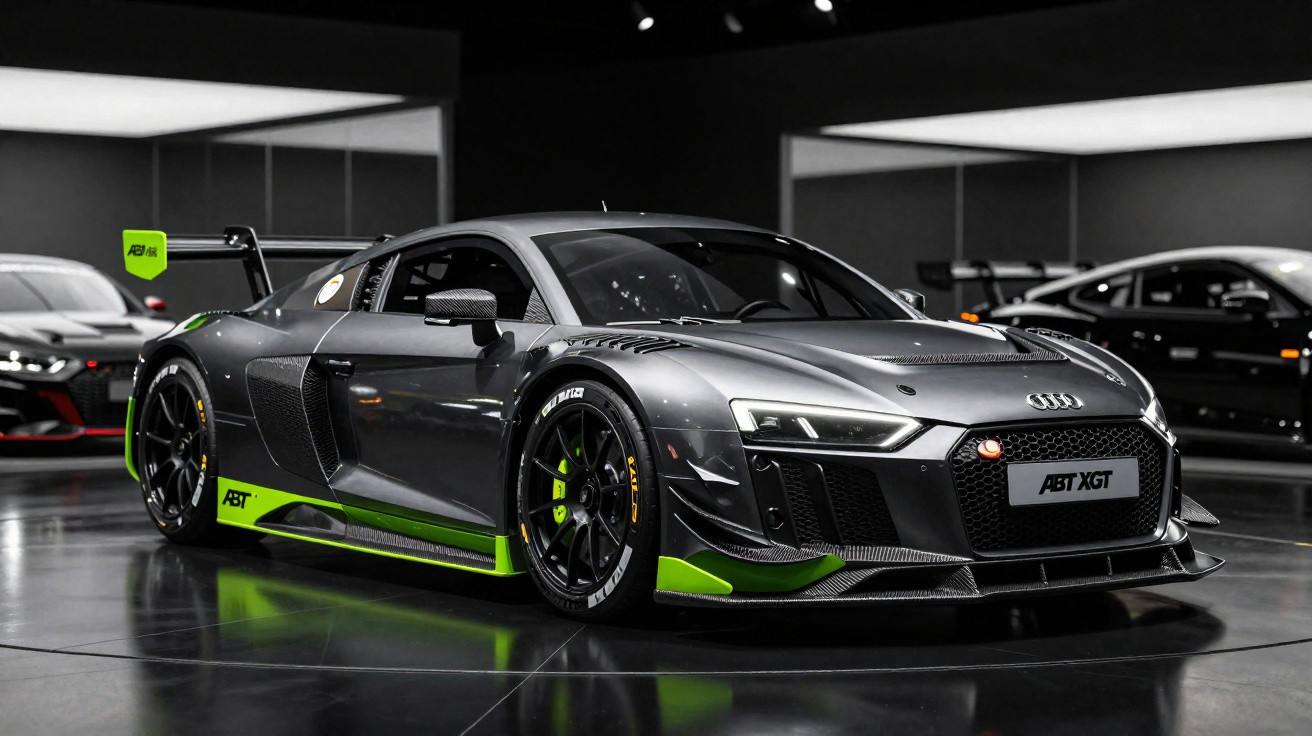 Dunkelgrauer Audi Rennwagen mit grünen Akzenten, großer Heckflügel, in moderner Ausstellungshalle.