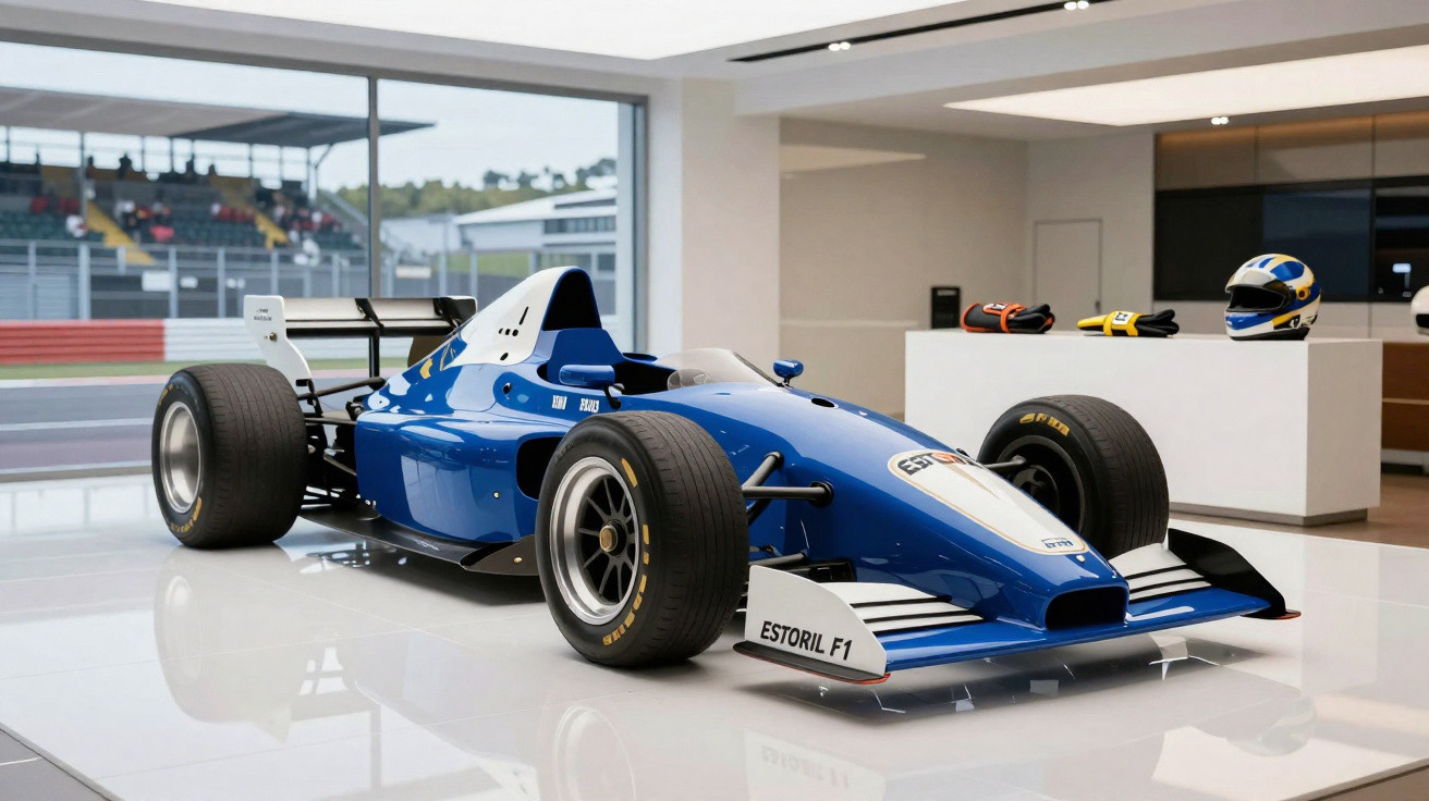 Blauer Formel-1-Rennwagen Estoril F1 in einer modernen Ausstellungshalle mit Rennhelm und Handschuhen.
